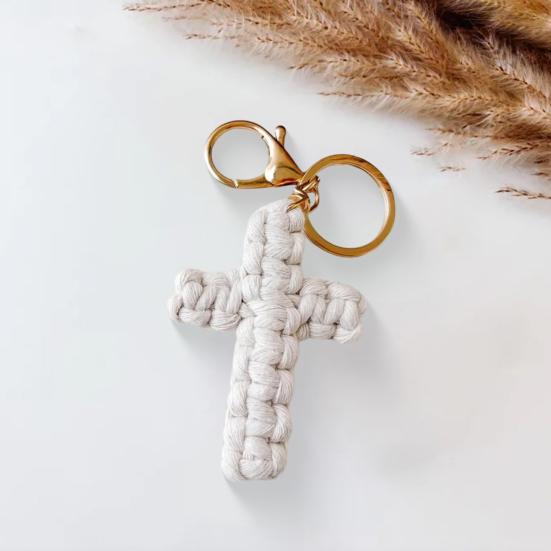 Handmade Christian Cross-shaped Keychain with Golden Ring Compact Comfortable Prayer Pendant Religious Accessory