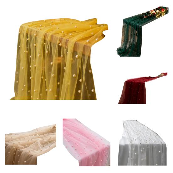 Faux Pearl Gauze Table Runner Boho Sheer Tulle Fabric Table Runner for Wedding Bridal Shower Birthday Party Dining Table Decor