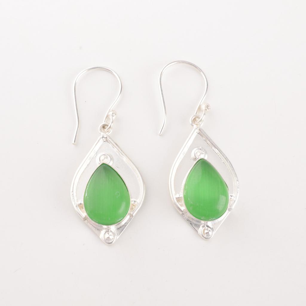 Green Cat's Eye Gemstone 925 Stamped Silver Jewelry Handmade Boho Earrings 1.90" EE-35-46