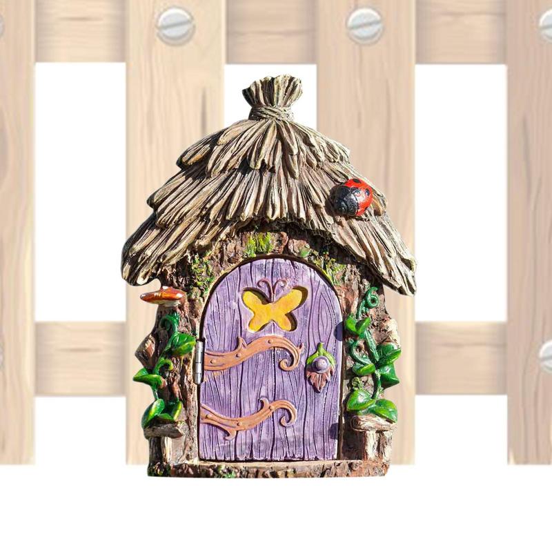 Miniature Fairy Gnome Door Figurines Wooden Art Sculpture Creative Garden Door Tree Statues Ornaments Home Window Decoration
