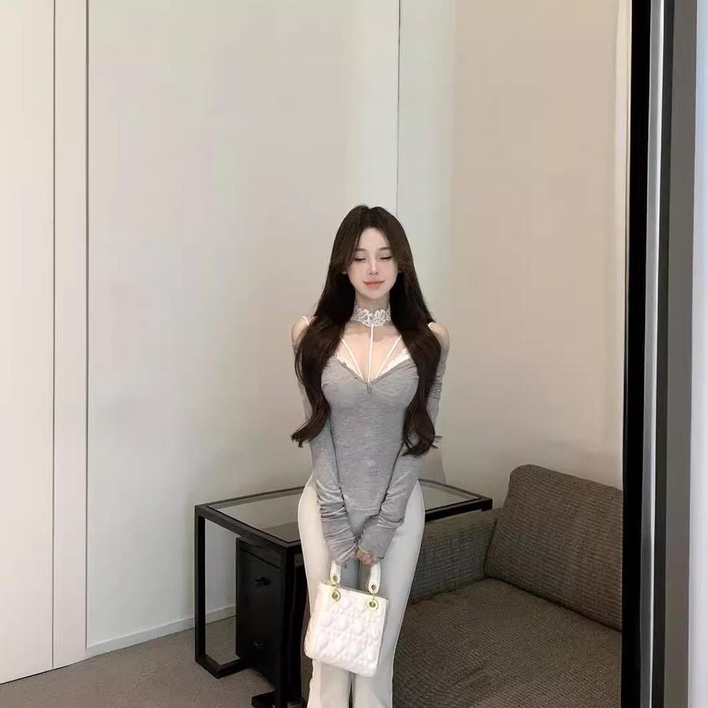Women’s Black One-Shoulder Long Sleeve T-Shirt - Sexy, Waist-Tight, Irregular Design for Autumn/Winter.