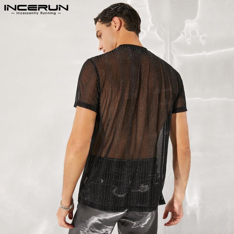 INCERUN Pánské průsvitné letní topy s krátkým rukávem pro klubové nošení, černé