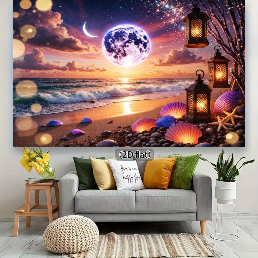 2D plane 1 piece of beach sunset scene with purple moon and starry sky intertwined event arrangement or cultural exhibition
