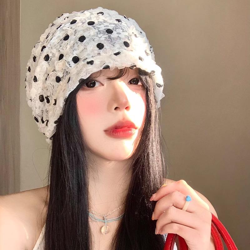 Niche ins polka dot three-dimensional petal baotou hat women's spring and summer thin breathable lace stack hat sweet and cool air-cooled hat