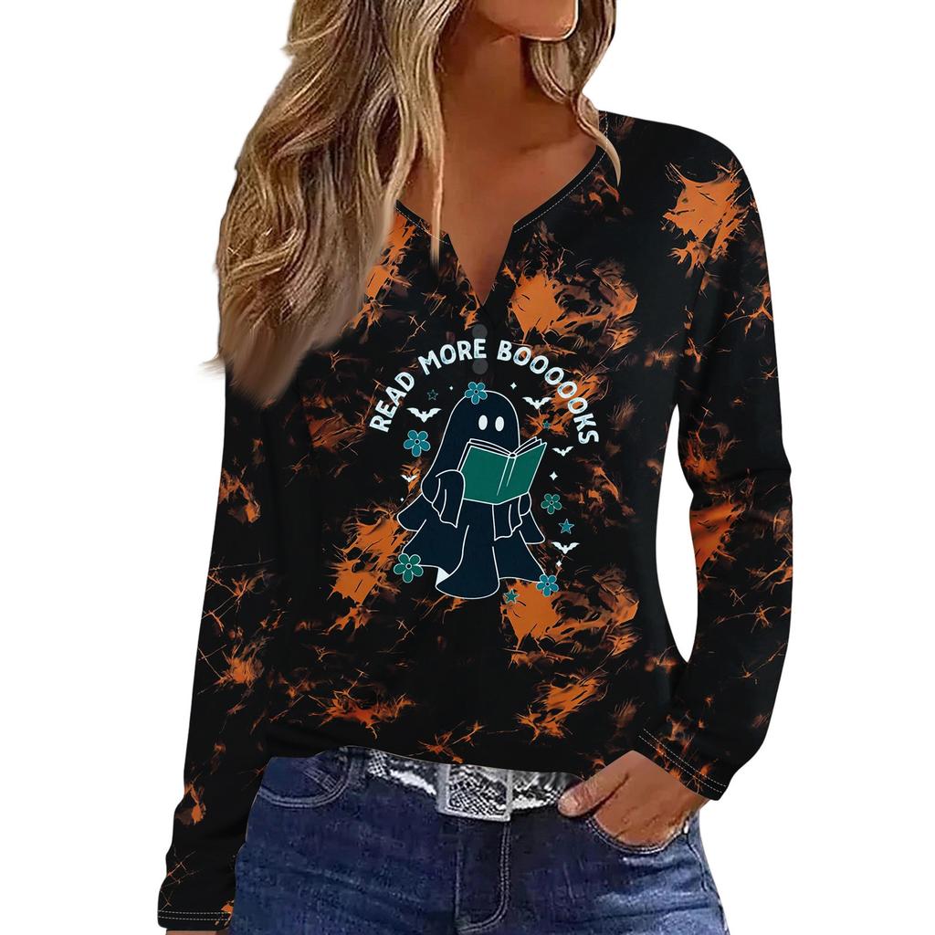Women's Casual Long Sleeve T-Shirt with Halloween Print V-Neck and Button
