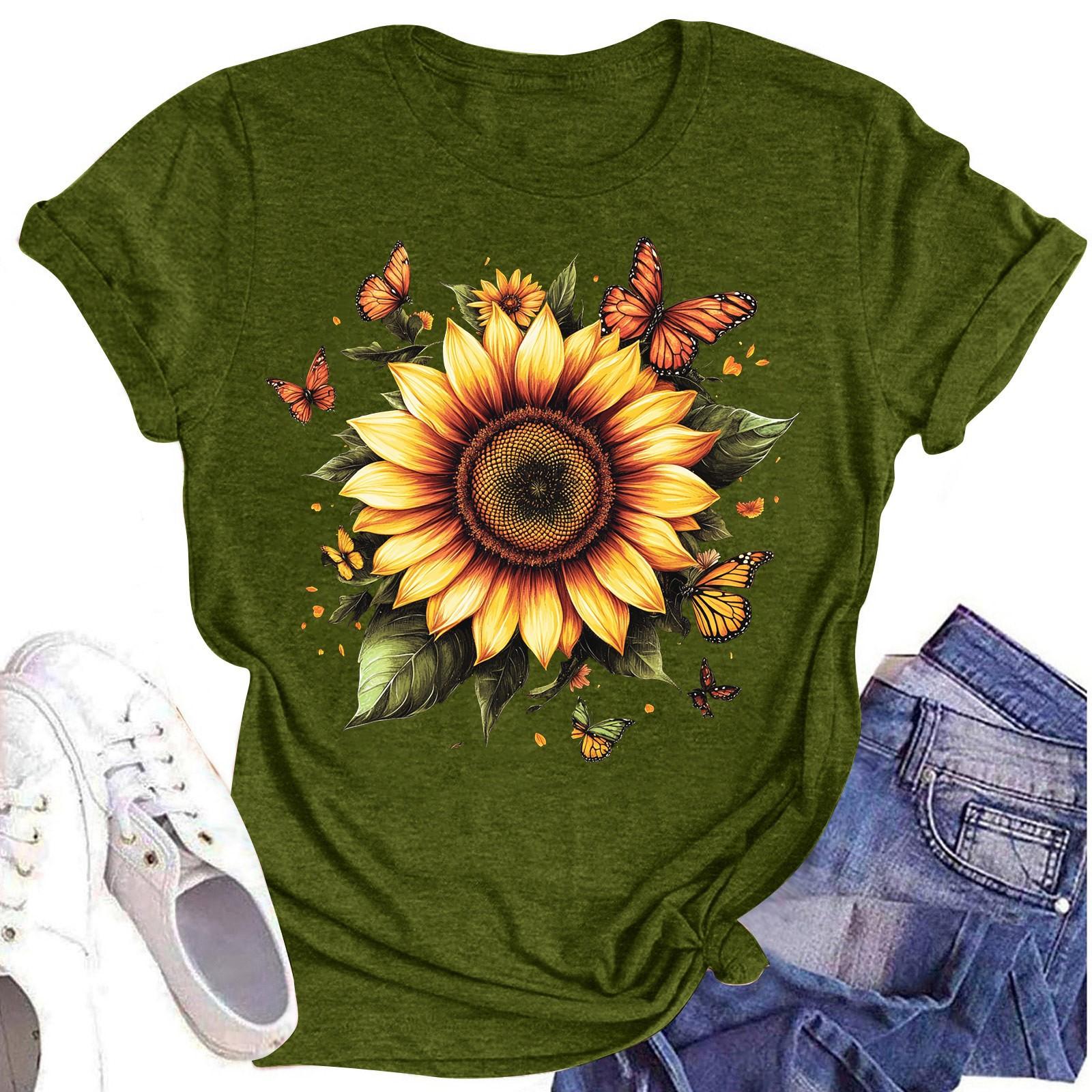 

Женская повседневная футболка с круглым вырезом и цветочным принтом, короткий рукав L армия зеленый