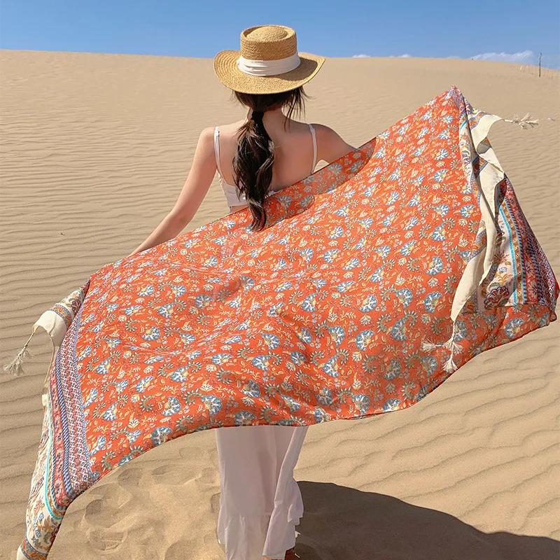 Design Brand Women Scarf Sunscreen Cotton Shawls Dual-Use Summer Autumn Long Scarves Seaside Holiday Beach Towel Beachwear Veils