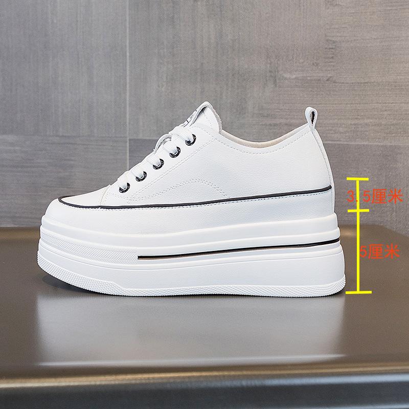 New Breathable Leather Inner Heightening Thick-soled Low-top Women's Shoes Lace-up Single-sided Muffin Delicate 8 Cm Little White Shoes Women