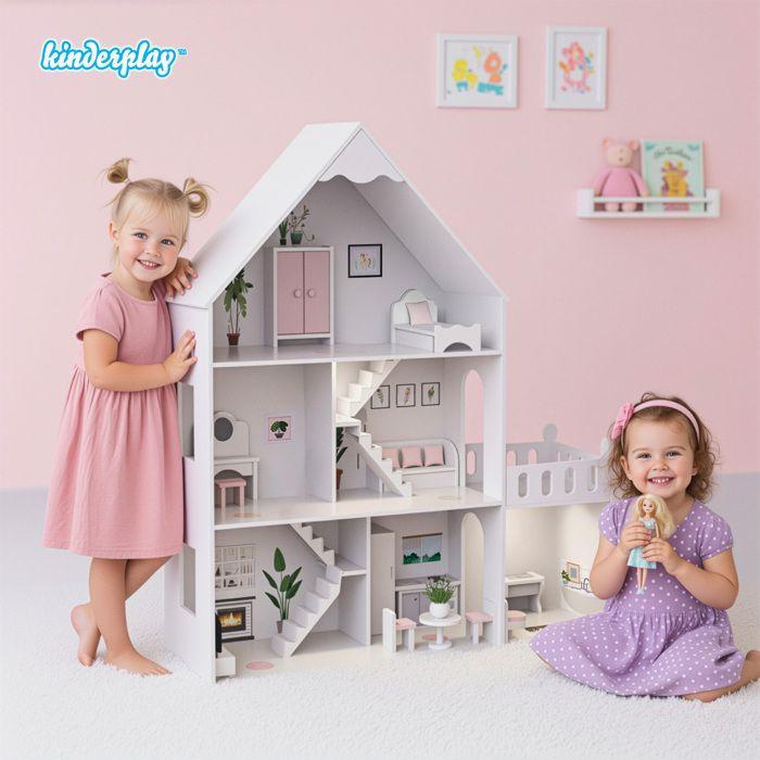 Grande maison de poupées en bois 118 cm, 3 étages, LED et meubles inclus - blanc (GS0023_C-1)
