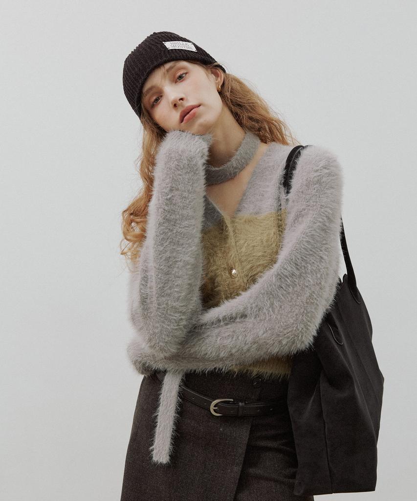 BRILLEMONTHS Angora V-Neck Tie Cardigan [Gray Olive]