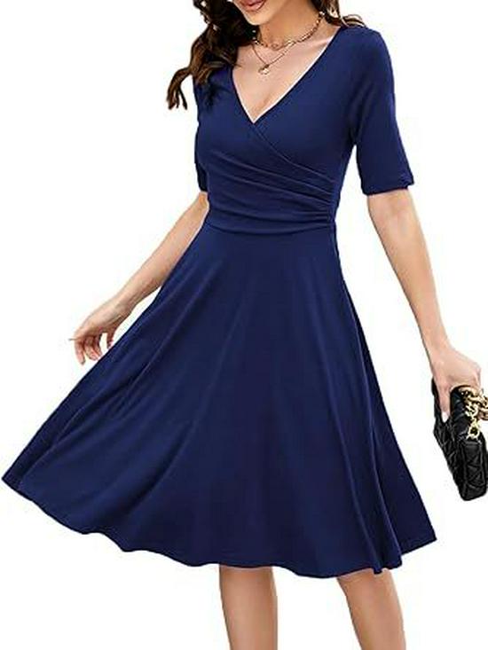 V-Neck Ruched Slim Fit Short Sleeve Swing Dress for Women XL