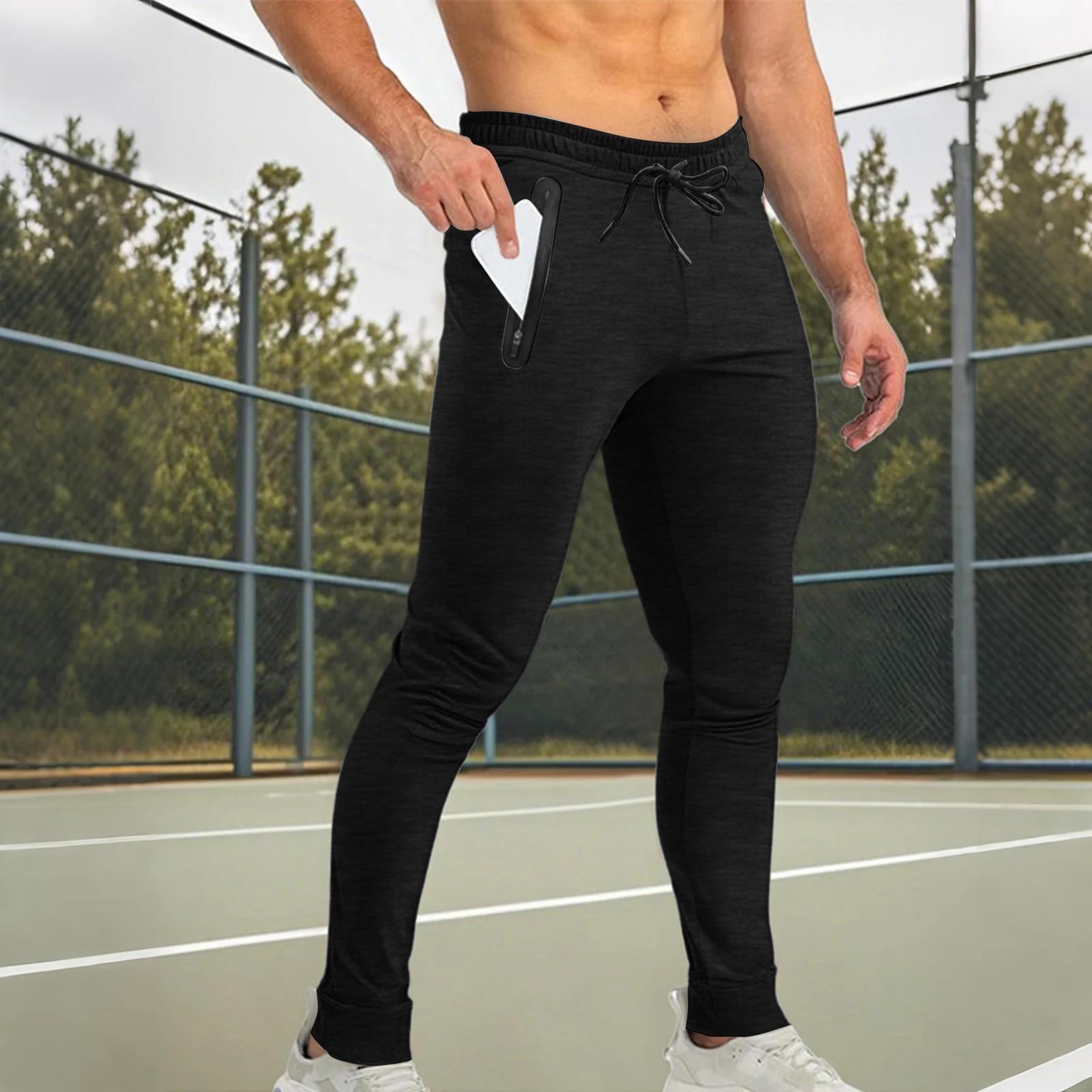 Men s Casual Sports Stretch Waist Trousers, Fitness Running Drawstring Zipper Pocket Trousers L
