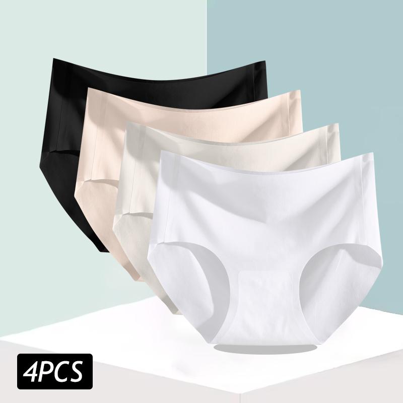 4PCS/Set Women's Ice Silk Seamless Panties Ultra Thin Briefs Breathable Underwear Female High Waist Intimates Lingerie Plus Size
