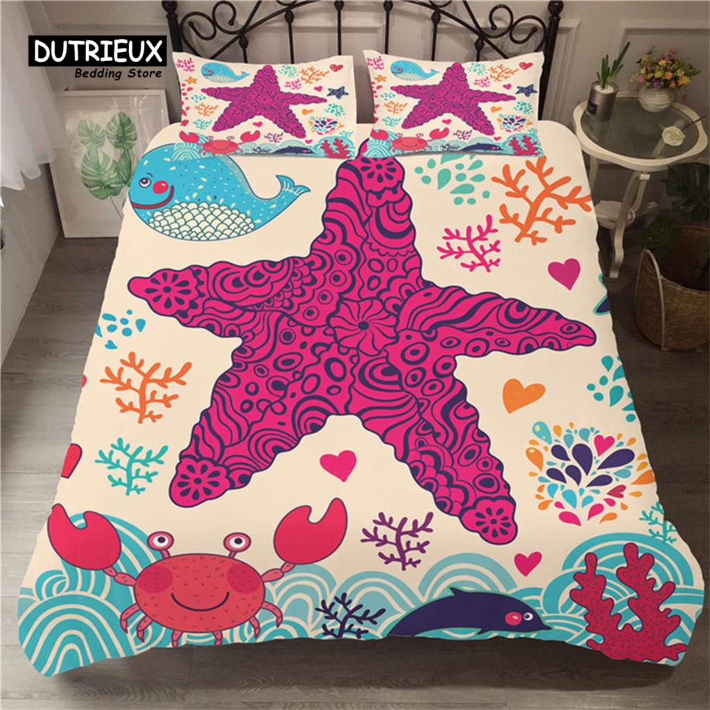 Seashell Starfish Duvet Cover Beach Theme Bedding Set Microfiber 3D Waves Comforter Cover For Kids Teens Girls Boys Room Decor