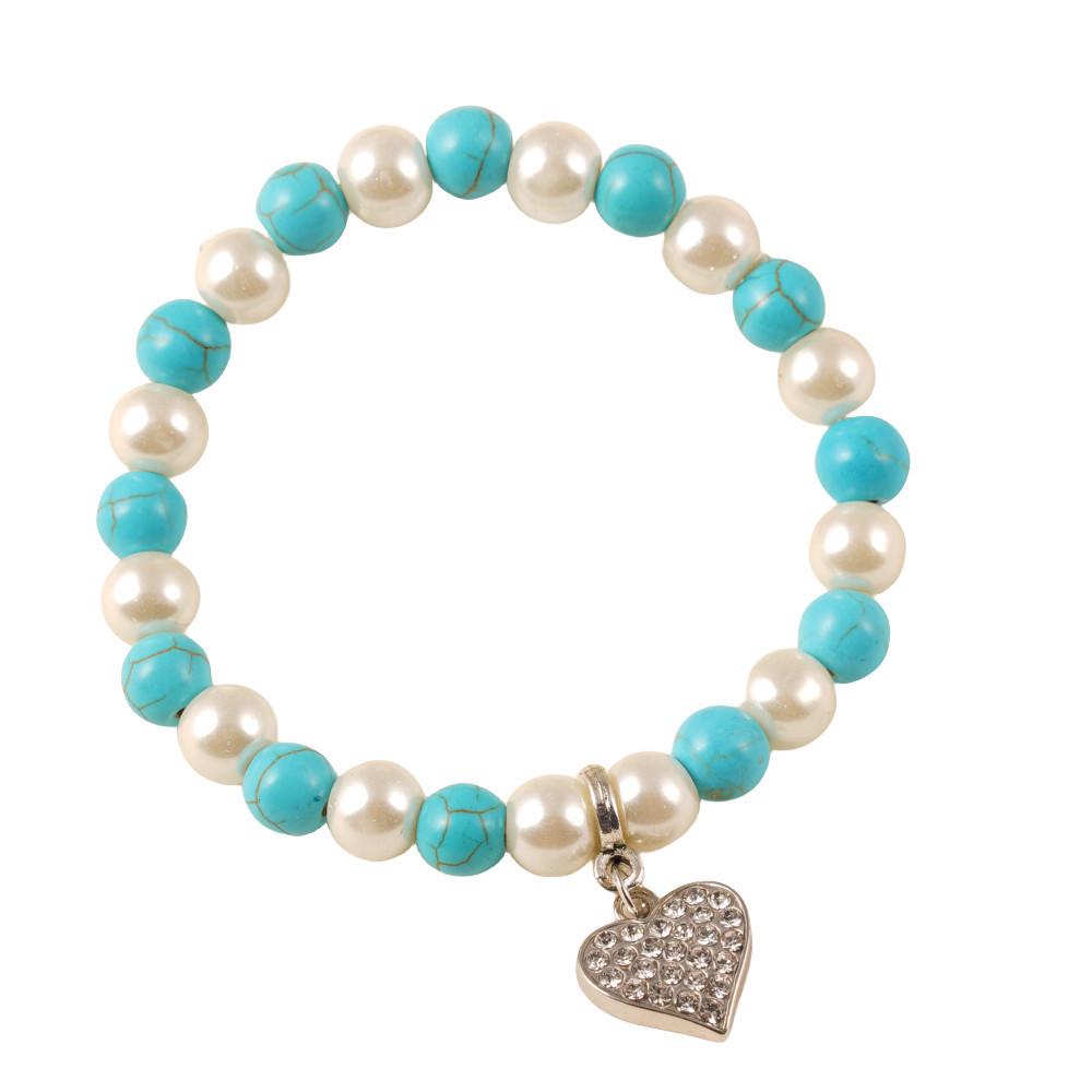 Pearl Turquoise Beaded Bracelet with Heart Pendant - Fashionable DIY Elastic Design for Women