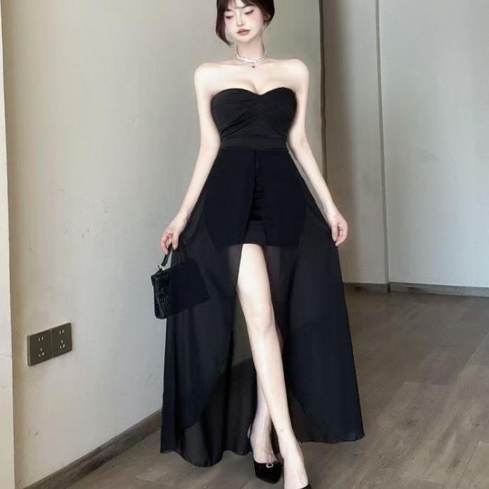 French Chic One-Shoulder Mesh Patchwork Maxi Dress - High Waist, Slit Leg Medium чёрный