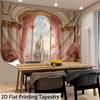 Pink Castle Window Tapestry, Fairy Tale Palace View With Cherry Blossoms, Romantic Wall Art For Bedroom Living Room