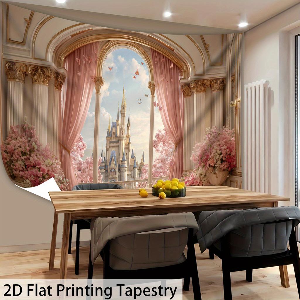 Pink Castle Window Tapestry, Fairy Tale Palace View With Cherry Blossoms, Romantic Wall Art For Bedroom Living Room