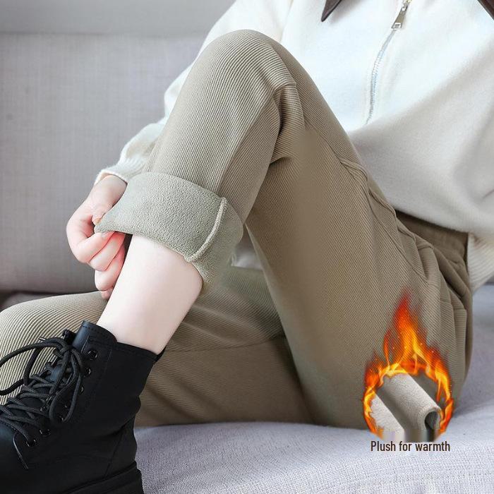 

High-Waist Velvet Slim Fit Pants - Warm, Thickened, Fashionable Autumn/Winter Trousers 3XL хаки