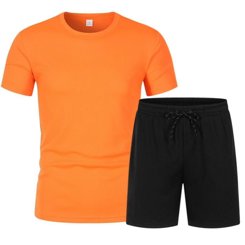 Mesh Short-sleeved Suit Summer Men's 2-piece Breathable Jersey T-shirt Sports Five-point Shorts Solid Color Casual Suit