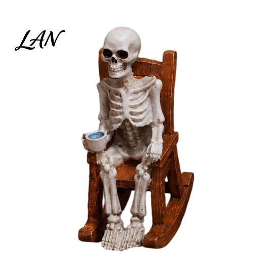 Artistic Skeleton Figurine Set Halloween Figurine, Resin Sitting On Rocking Chair Statue, Drinking Lifelike Statue Coffee Crocheting Reading Tabletop
