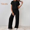 Women's Two Piece Knit Set Short Sleeve Sweater Top Wide Leg Pants Lounge Sets Ribbed Knitted Casual Outfit for Spring Autumn