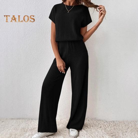 Dámská dvoudílná úpletová souprava svetr s krátkým rukávem Top Široké nohavice Kalhoty Lounge soupravy Žebrovaný pletený ležérní outfit na jaro podzim