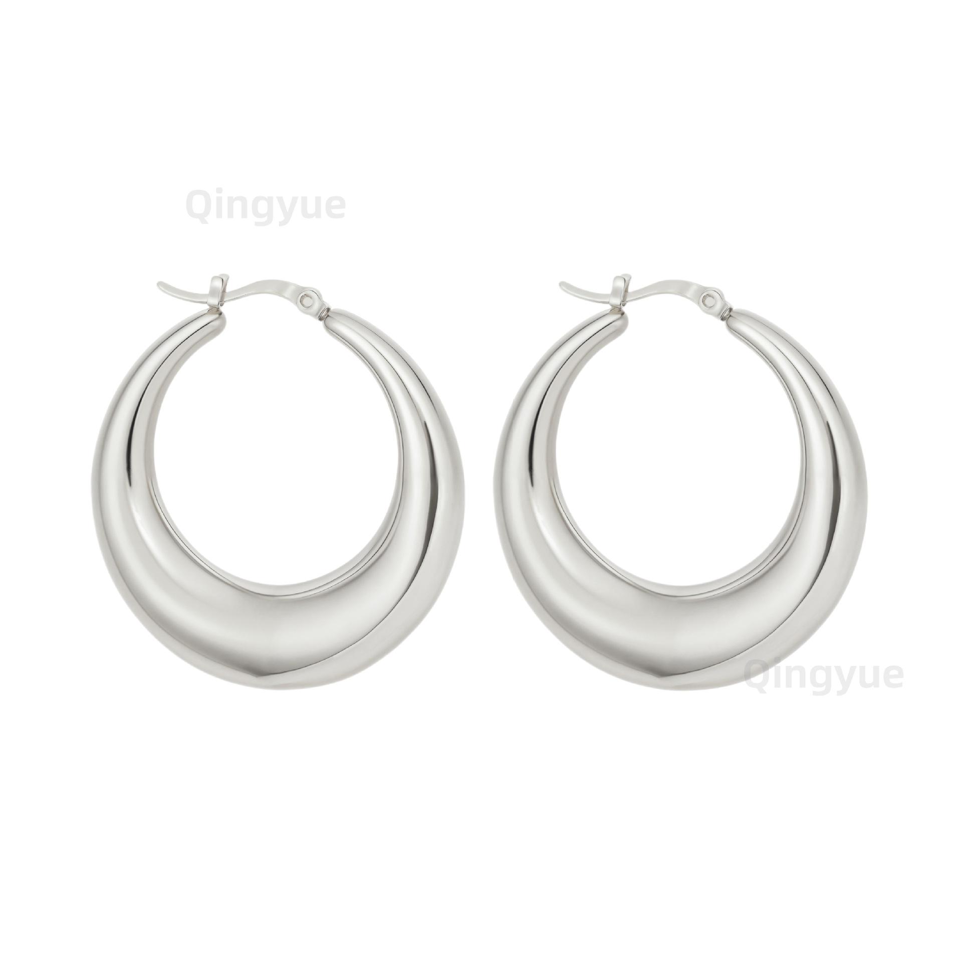 18 Karat Gold Sichel Große Creolen - Schlicht, Luxuriös, Edelstahl, Hohl Design für Damen white