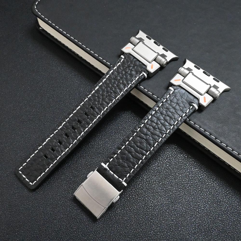 Leather Band for Apple Watch Ultra 3/2 49mm 46mm 45 44mm Luxury Bracelet Titanium Color Strap for iWatch Series 11 10 9 SE Loop