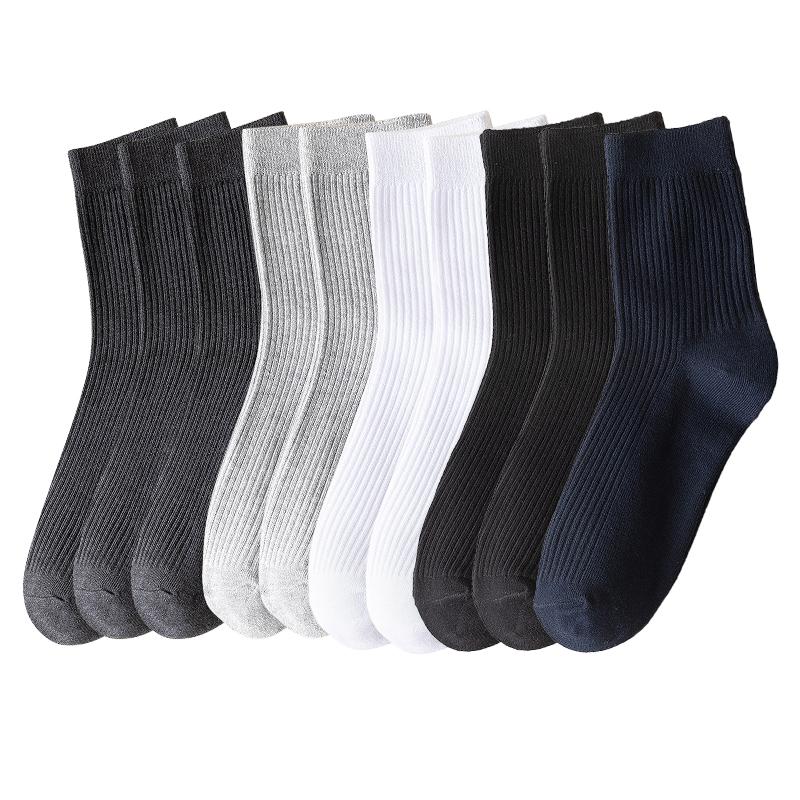 10 Pairs Men's Cotton Striped Socks Breathable All Season Solid Color Business Warm Knit Middle Tube High Quality Socks