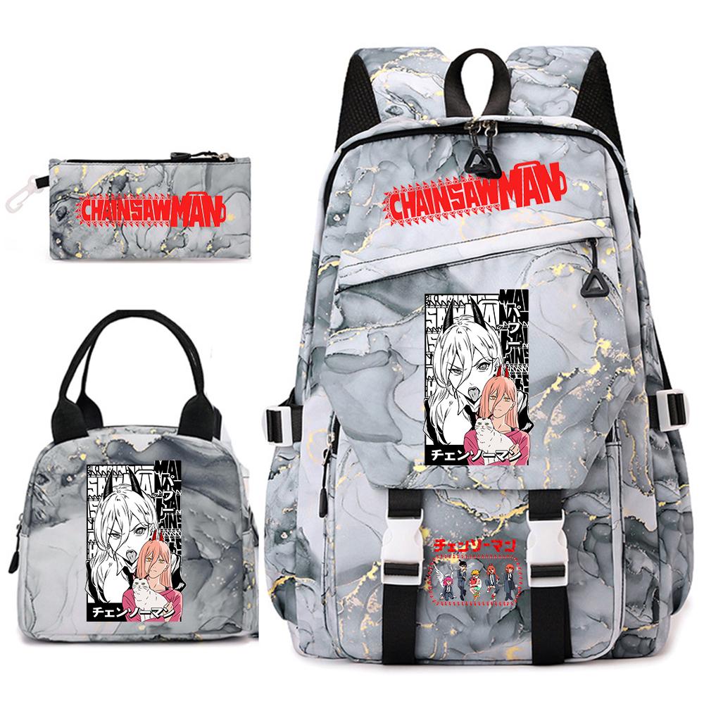 Chainsaw Man Anime Print Student Backpack Set for Girls with Lunch Bag Pencil Case School Daily Use