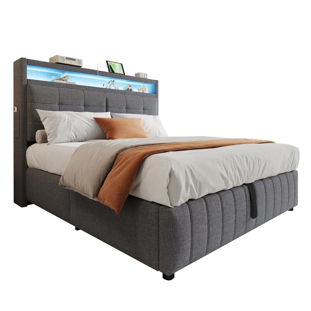 Cama Estofada 160*200 cm, com Iluminação LED e Tomada USB, Cabeceira com Prateleiras, Arrumação Hidráulica, Cama de Casal com Estrado de Ripas, Cinza Linho