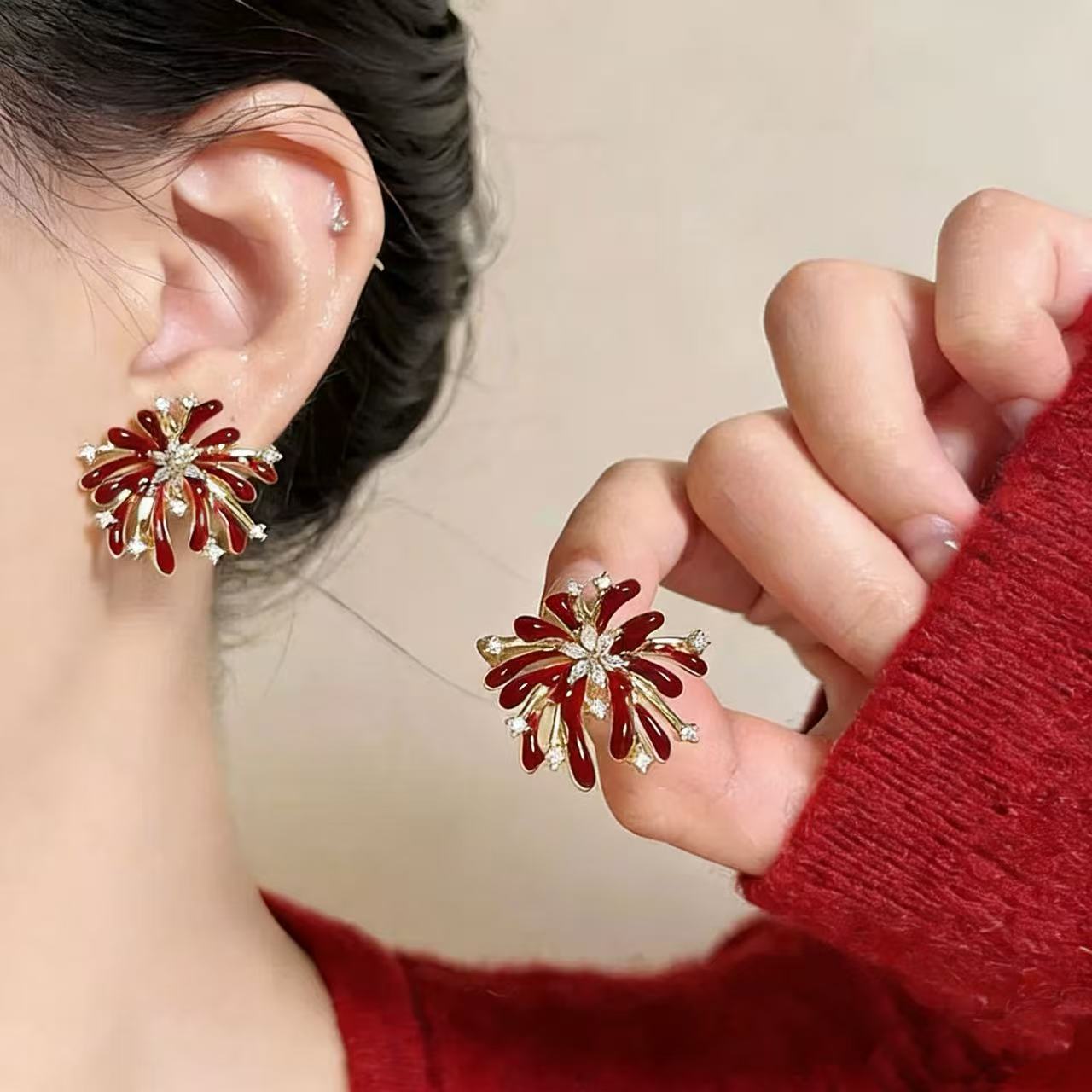 

burgundy drop glaze zircon fireworks stud earrings women s new popular earrings unique niche beautiful earrings