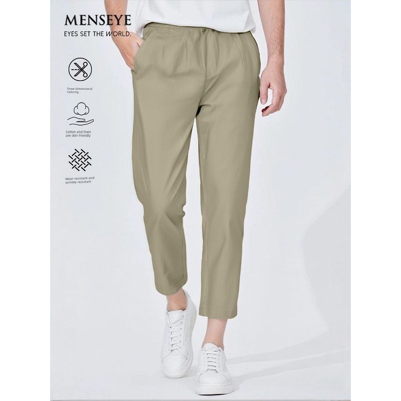 Menseye Men's Casual Pants, Men's Elastic Waistband Tie Japanese-Style Tapered Pants, Cropped Pants