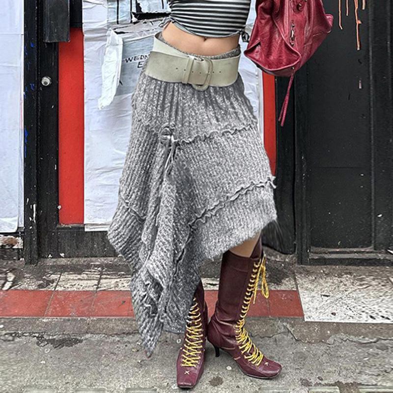 Women's Autumn Irregular Hem Knit Skirt - European & American Street Style with Pleated Design and Lace Details