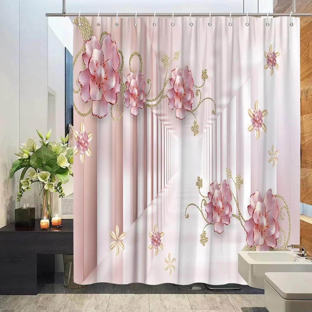 3D Embossed Flower Geometry Shower Curtain Vine Leaves Butterfly European Luxury Waterproof Bathroom Art Decor Hooks Curtains
