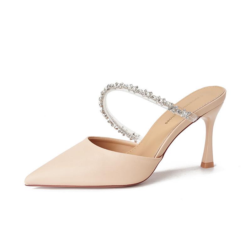 - High heels women's single shoes thin heels pointed toe bag head half slippers wear French new temperament versatile sandals