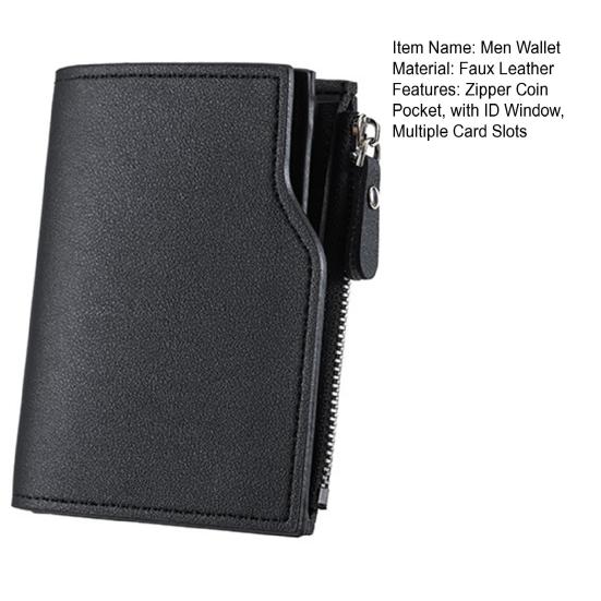 Men Short Card Wallet Slim Tri-fold Wallet Large Capacity Card Holder Cash Wallet with ID Window Zipper Coin Pocket Gift for Father Husband