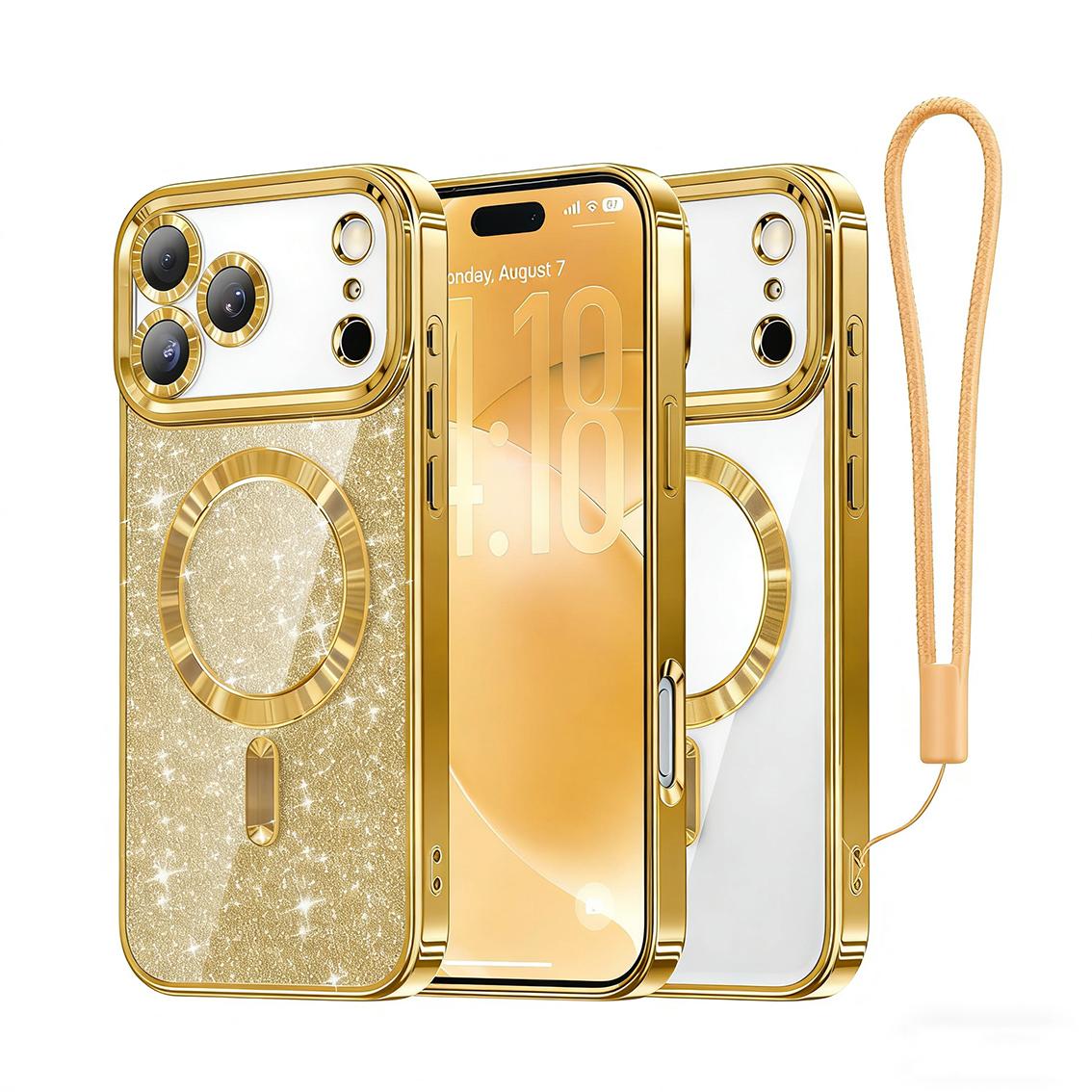 

Glitter Magnetic Phone Case for iPhone 16 15 14 17 Pro Max, Bling Clear Camera Lens Protector Shockproof Wrist Strap Women Cover For iPhone 17 ProMax