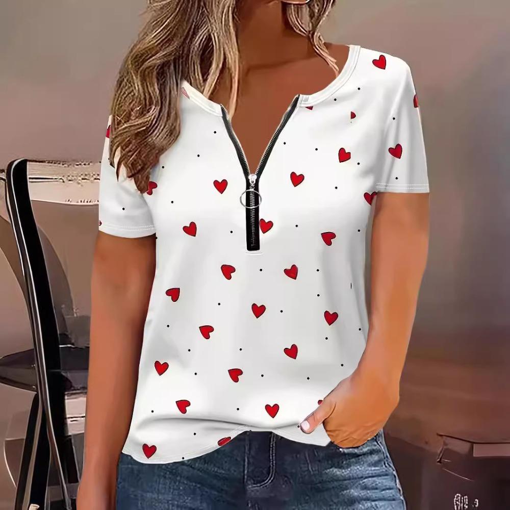 

Женская летняя футболка с принтом «Любовь» и круглым вырезом на молнии, модный повседневный топ с короткими рукавами XL красный