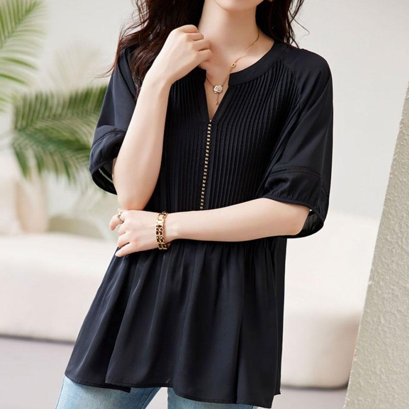 Stylowa plisowana łączona luźna bluzka odzież damska jednolity kolor casualowy krótki rękaw lato ażurowa elegancka koszula z dekoltem w serek