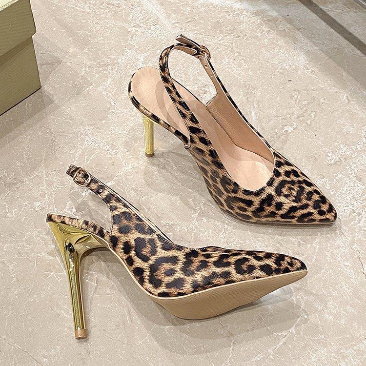 Leopard print bag head high heels women's spring new one-word with stiletto temperament sexy fashion sandals