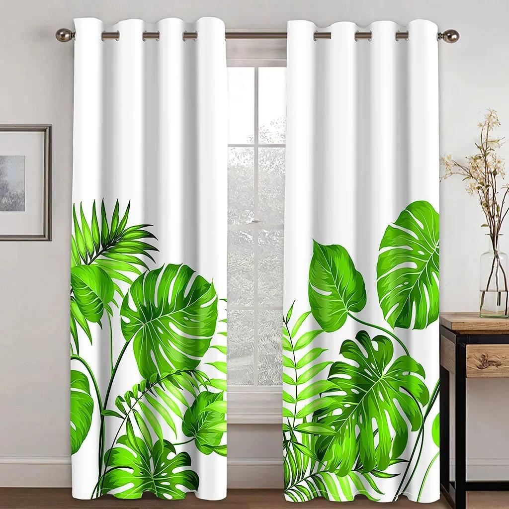 Custom European Elegant Green Leaves Luxury Curtains Tropical Leaves Pattern Window Curtains for Bedroom Living Room