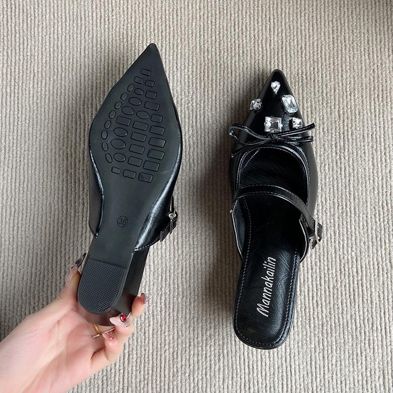 

French temperament pointed wedge heel shoes single shoes women s shoes 2025 new rhinestone fashion bag head empty sandals 40 чёрный