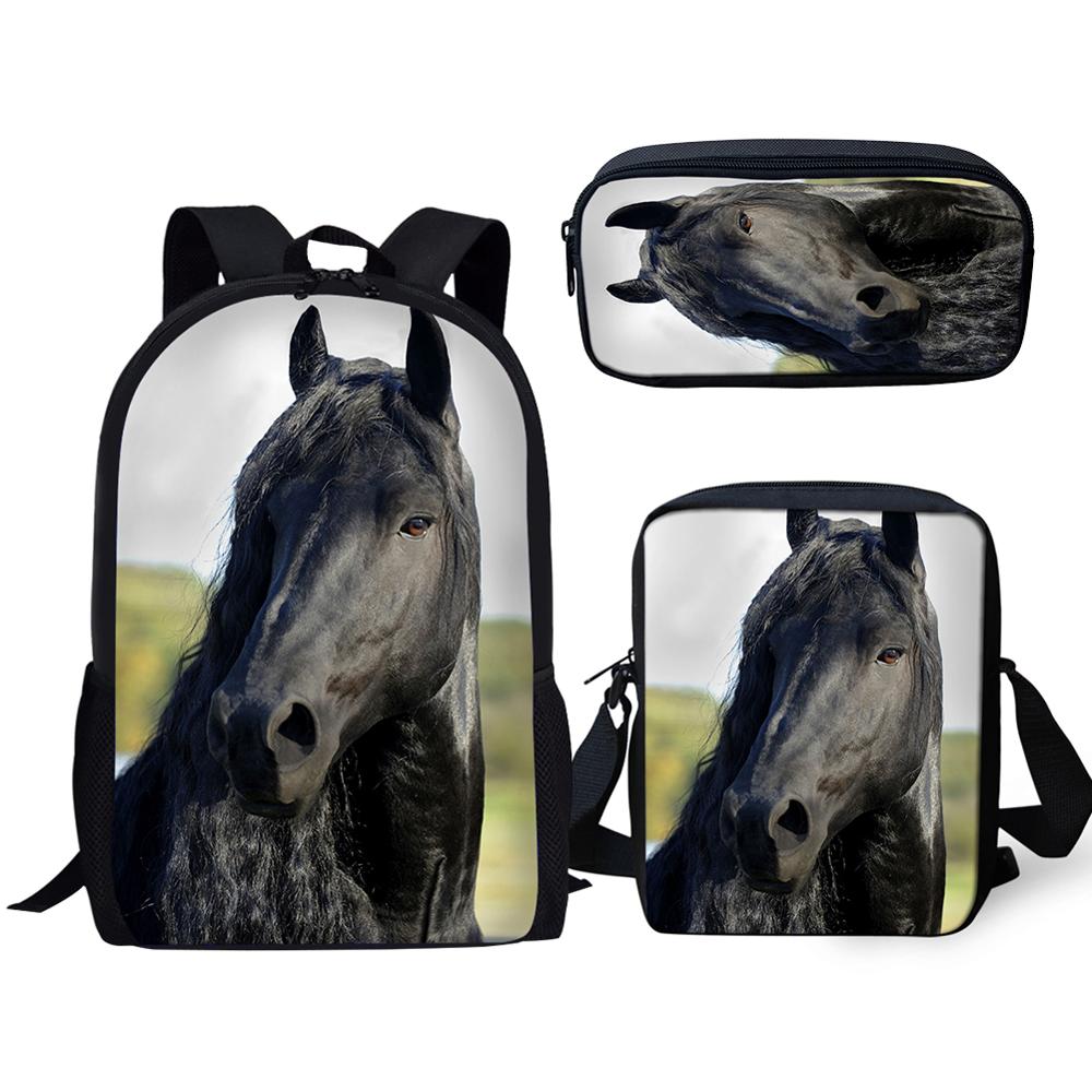 Trendy Handsome Black Horse 3D Print 3pcs/Set pupil School Bags Laptop Daypack Backpack Inclined shoulder bag Pencil Case