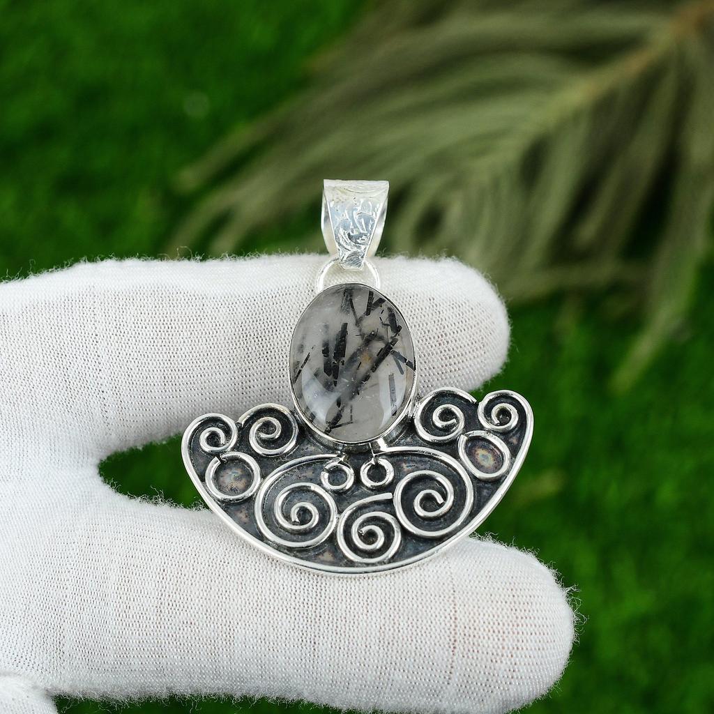 Oval Black Rutile Gemstone Birthday Art Deco Mother Pendant Jewelry 925 Silver