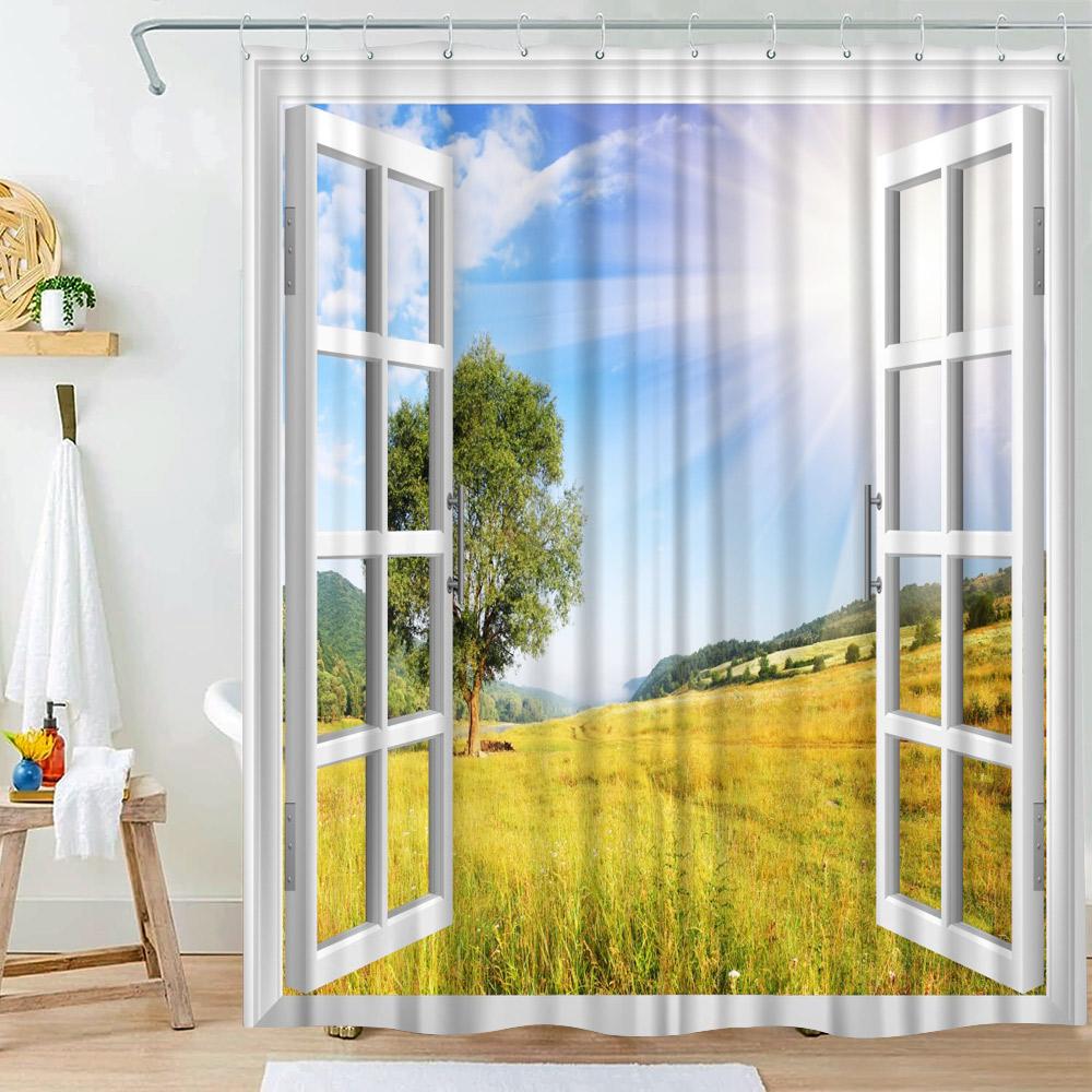 Waterfall Shower Curtain Natural Landscape Outside Window Scenery Forest Flowing Stream Bathroom Decor Polyester Bath Curtains