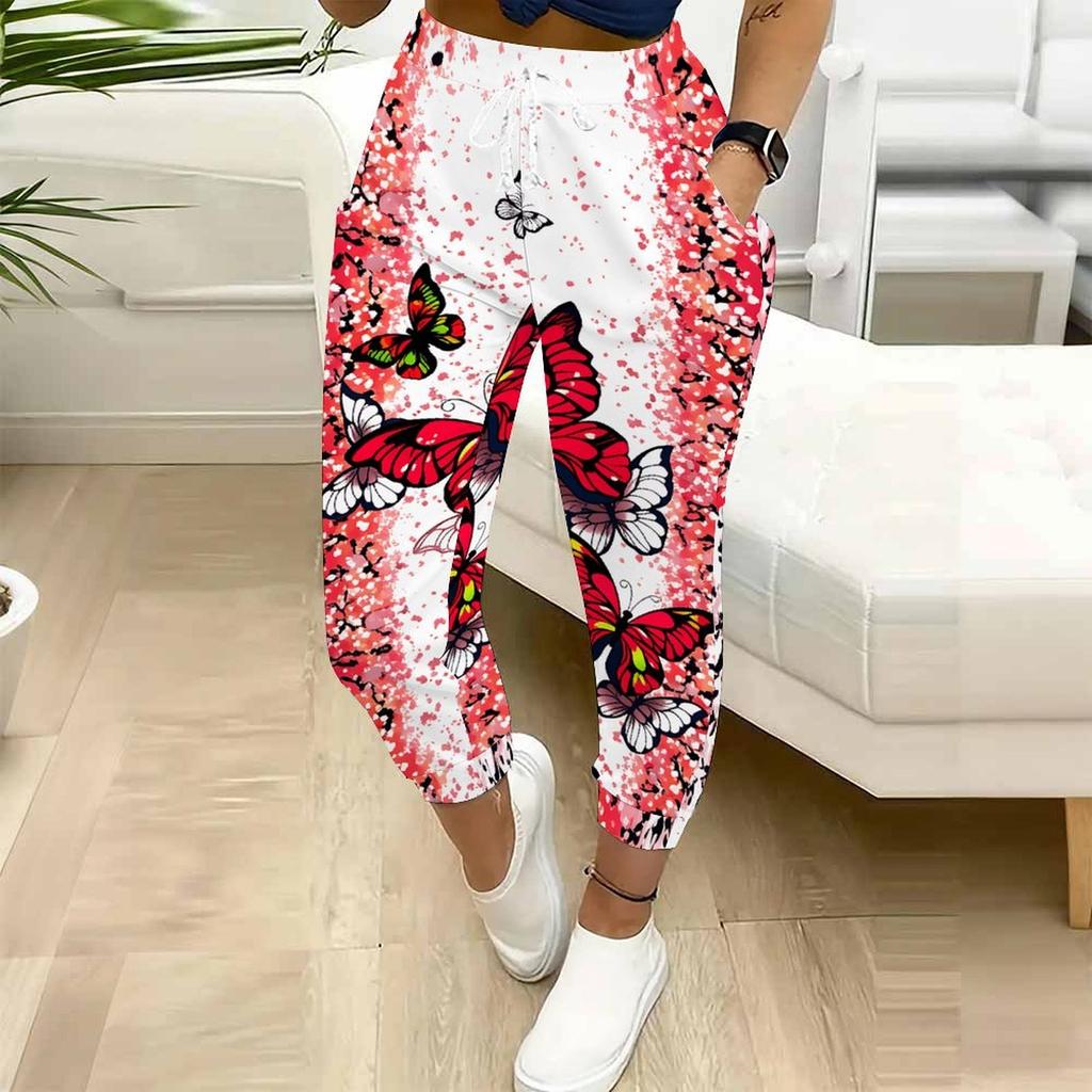Sommer Damen Retro Print Jogginghose Lockerer Schnitt Kordelzug Jogger Elastischer Bund Tägliche Freizeit Hose