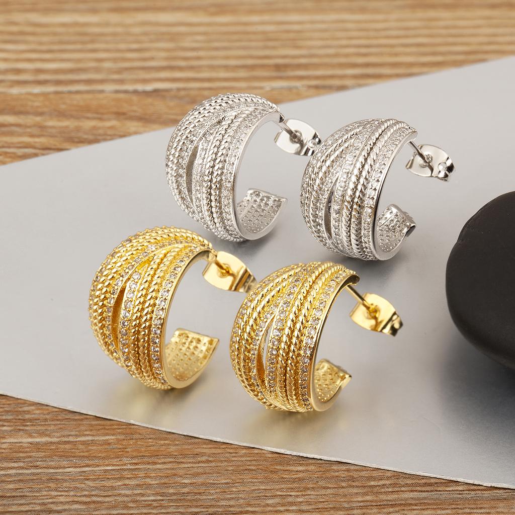 Nidin New Retro Copper Shiny Crystal Zircon Multilayer Stud Earrings For Women Female Trendy Temperament Ear Jewelry Party Gifts