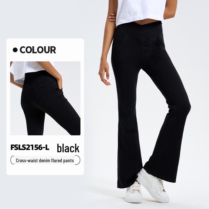 

Women s High-Waist Slimming Denim Flare Leggings with Cross Pocket for Yoga and Casual Wear S